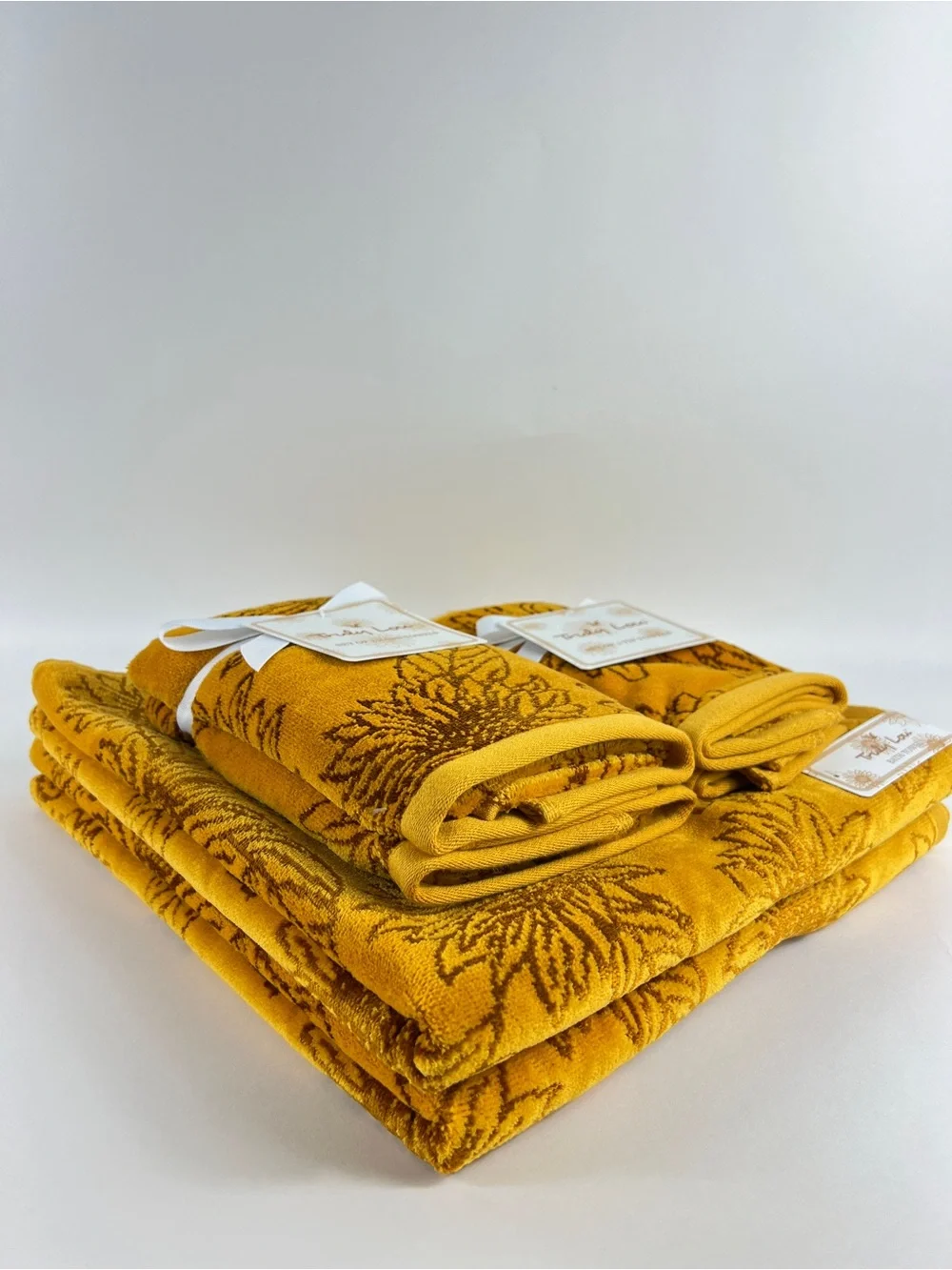 Truly Lou Bath Towel Set FALL Sunflowers Gold Brown Velour Cotton Blend 6 Pc NEW